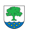 Wappen Doberschütz mit grünem Baum, darunter blaues Wasser mit gelben Sternen