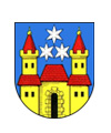 Wappen Eilenburg mit gelben Türmen und Stadttor, roten Schindeln, blauem Himmel und drei weißen Sternen