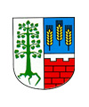 Wappen Machern mit grünem Baum, drei Ähren und rotem Mauerwerk