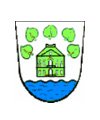Wappen Schönwolkau mit Wasser, darüber ein grünes Haus und darüber 5 grüne Blätter